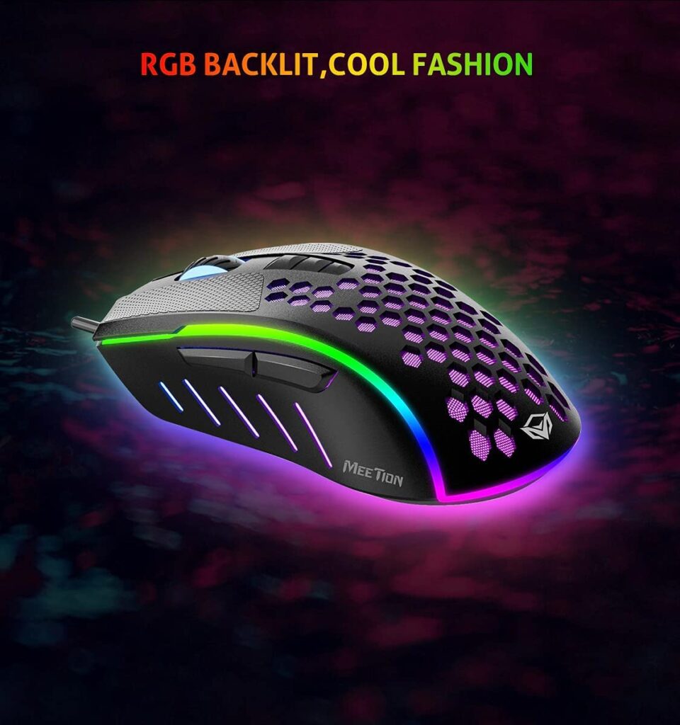 Meetion GM015 - Lightweight Honeycomb RGB Gaming Mouse (6400 DPI) – For PC & Laptop – Black