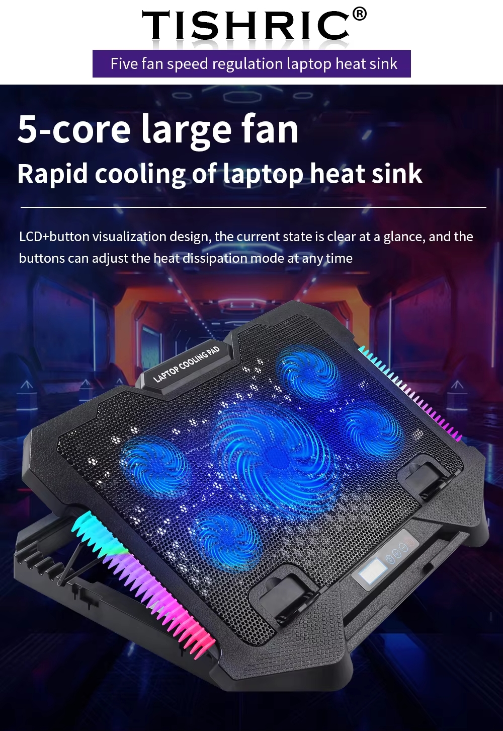 Laptop Cooling Pad Stand S500 pour PC portable gaming avec 5 ventilateurs LED bleus, lumières RGB sur les côtés, support pour téléphone portable, et compatible avec des ordinateurs de 12 à 17 pouces.
