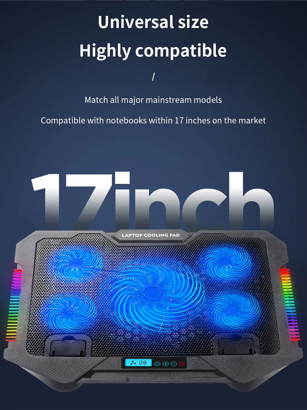 Laptop Cooling Pad Stand S500 pour PC portable gaming avec 5 ventilateurs LED bleus, lumières RGB sur les côtés, support pour téléphone portable, et compatible avec des ordinateurs de 12 à 17 pouces.