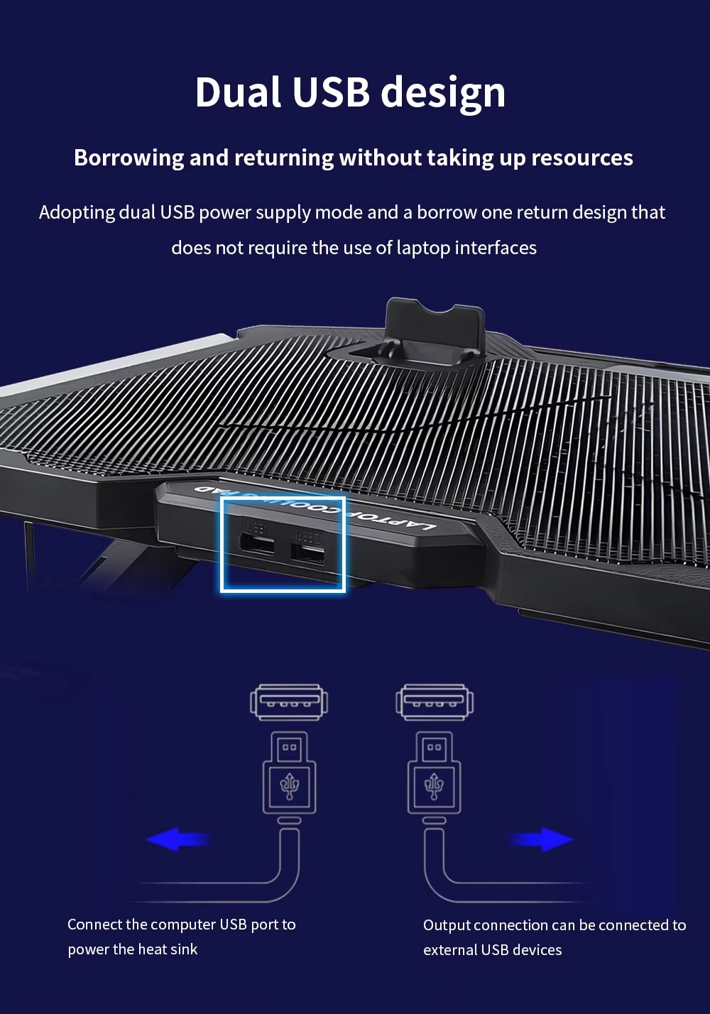 Laptop Cooling Pad Stand S500 pour PC portable gaming avec 5 ventilateurs LED bleus, lumières RGB sur les côtés, support pour téléphone portable, et compatible avec des ordinateurs de 12 à 17 pouces.