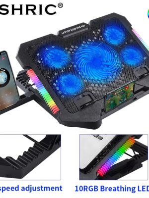 Laptop Cooling Pad Stand S500 pour PC portable gaming avec 5 ventilateurs LED bleus, lumières RGB sur les côtés, support pour téléphone portable, et compatible avec des ordinateurs de 12 à 17 pouces.