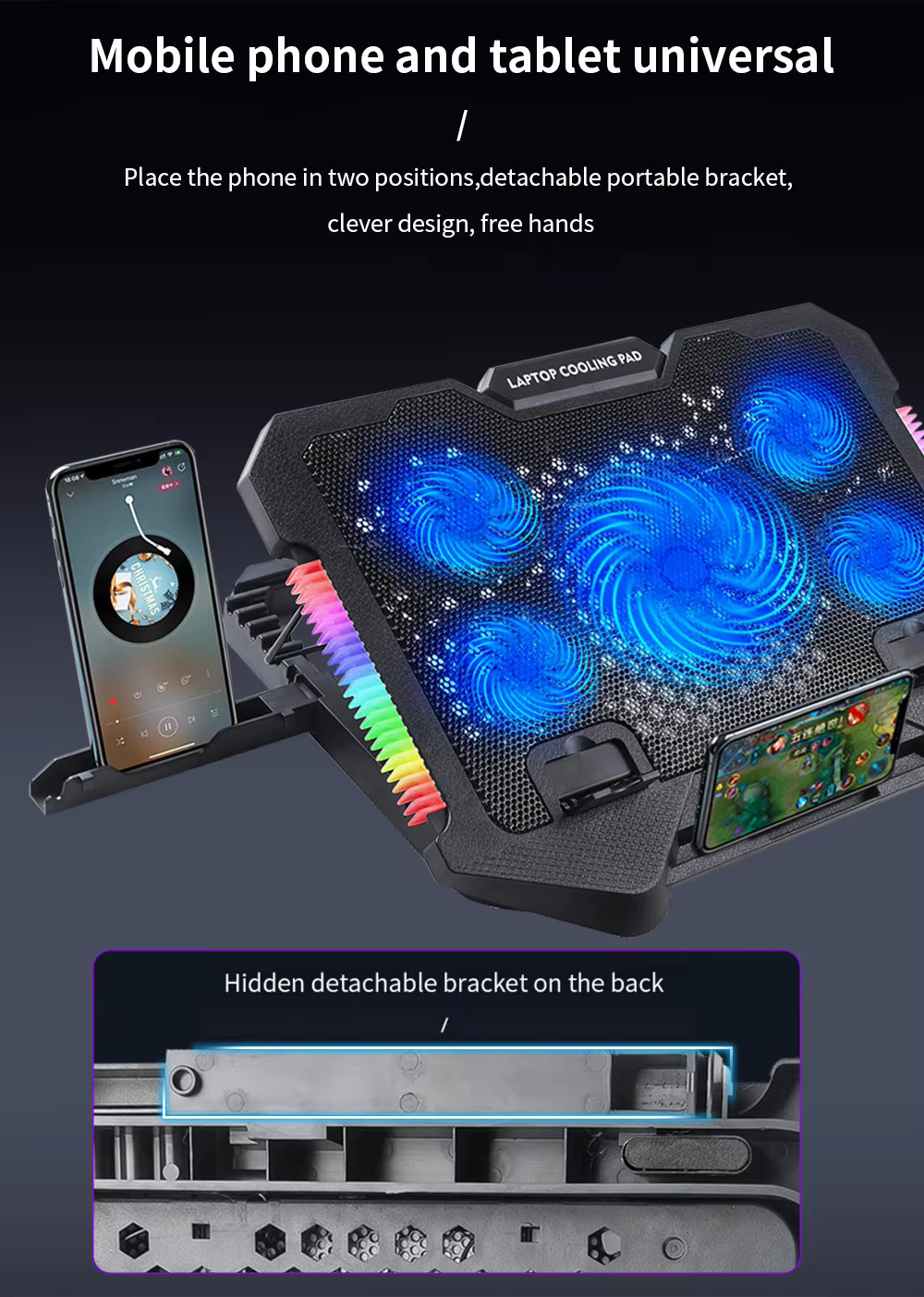 Laptop Cooling Pad Stand S500 pour PC portable gaming avec 5 ventilateurs LED bleus, lumières RGB sur les côtés, support pour téléphone portable, et compatible avec des ordinateurs de 12 à 17 pouces.